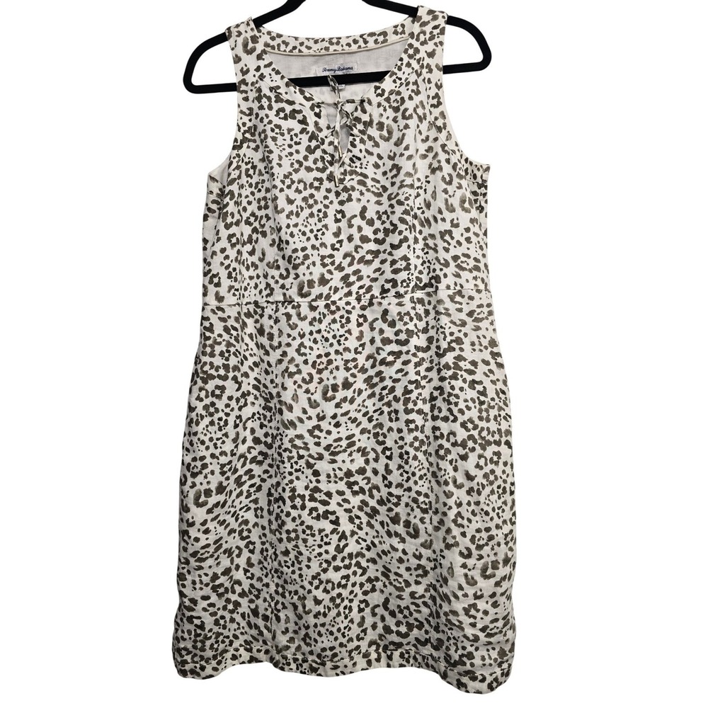 Tommy Bahama 100% Linen Leopard Print Shift Dress Sz S Coastal Boho Resortwear
